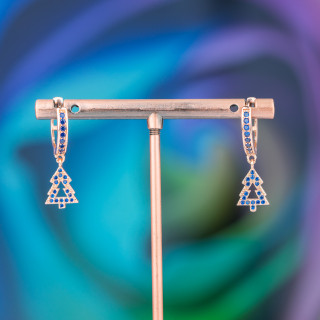 Boucles D'oreilles Tiges Bronze Avec Zircons Et Pendentif Fantaisie 9x26mm Or Rose Arbre Bleu