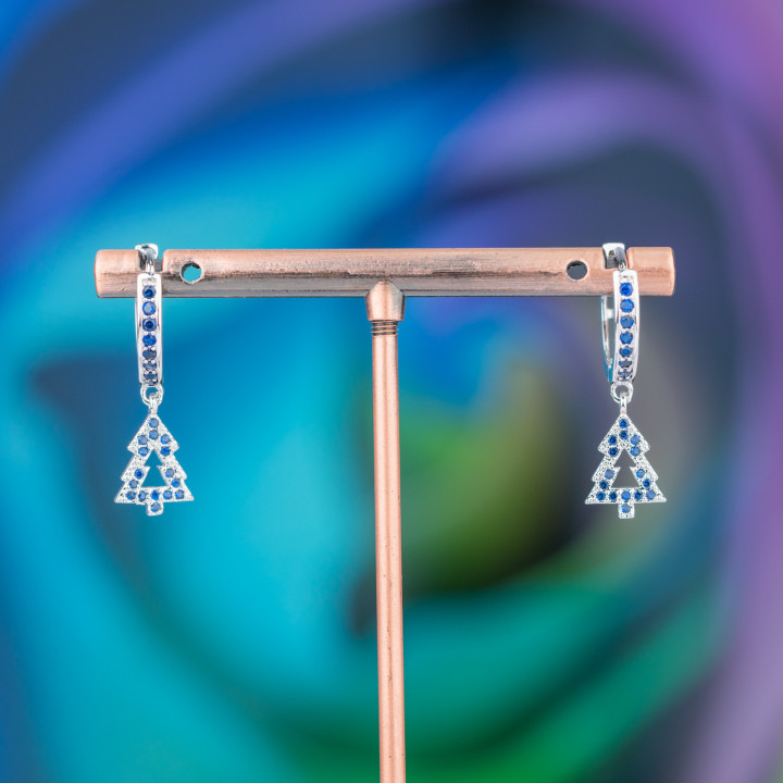 Bronze Stud Earrings With Zircons And Fantasy Pendant 9x26mm Blue Rhodium-Plated Tree