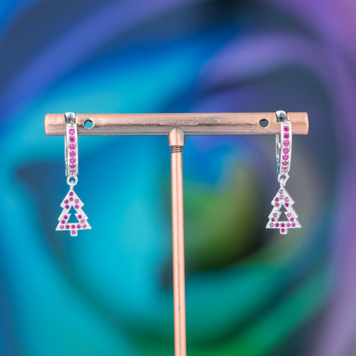 Boucles D'oreilles Tiges Bronze Avec Zircons Et Pendentif Fantaisie 9x26 mm Arbre Rhodié Rose