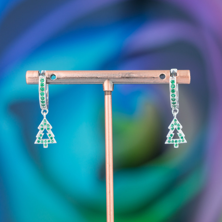 Μπρούτζινα καρφωτά σκουλαρίκια με ζιργκόν και μενταγιόν Fantasy 9x26mm Πράσινο Δέντρο με ρόδιο