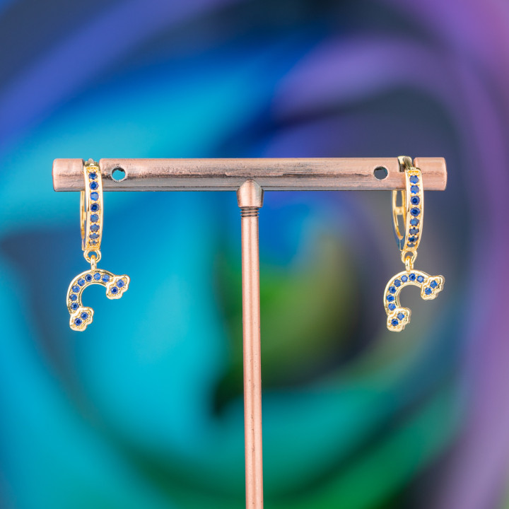Bronze-Ohrstecker mit Zirkonen und Fantasie-Anhänger 9x26mm Regenbogen-Golden-Blau