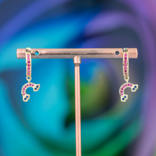 Boucles D'oreilles Tiges Bronze Avec Zircons Et Pendentif Fantaisie 9x26 mm Rainbow Doré Rose 2
