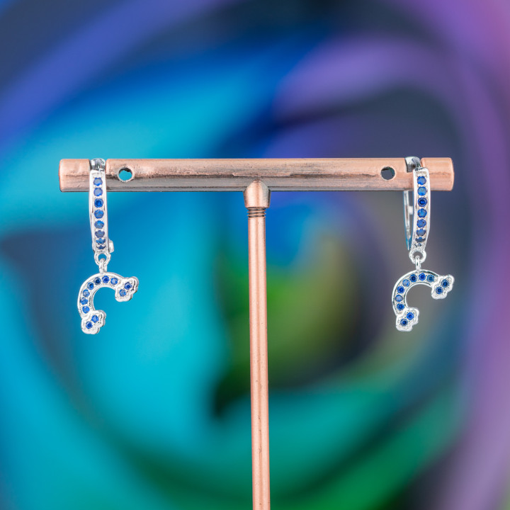 Bronze Stud Earrings With Zircons And Fantasy Pendant 9x26mm Rainbow Rhodium Plated Blue