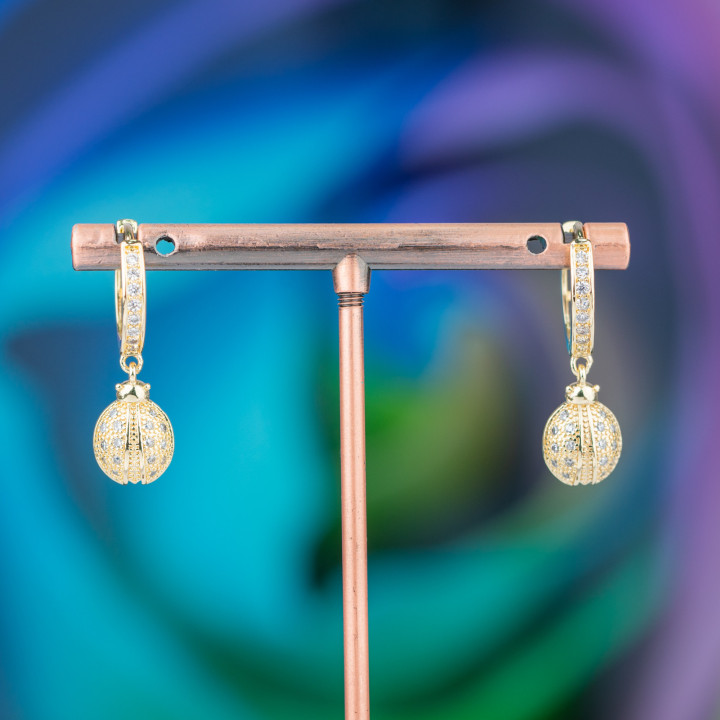 Bronze Stud Earrings With Zircons And Fantasy Pendant 9x26mm White Golden Ladybug