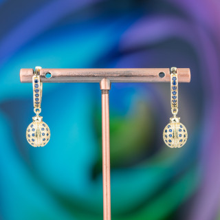 Bronze Stud Earrings With Zircons And Fantasy Pendant 9x26mm Ladybug Golden Blue