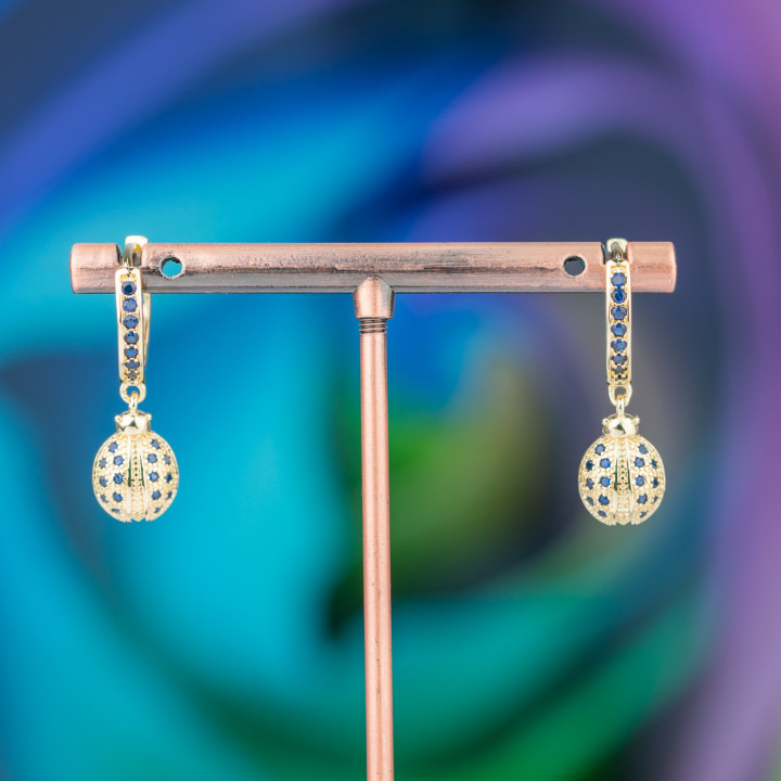 Bronze Stud Earrings With Zircons And Fantasy Pendant 9x26mm Ladybug Golden Blue
