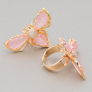 Anillo De Bronce Con Ojo De Gato Y Abeja 31x45mm Talla Ajustable Rosa Dorado