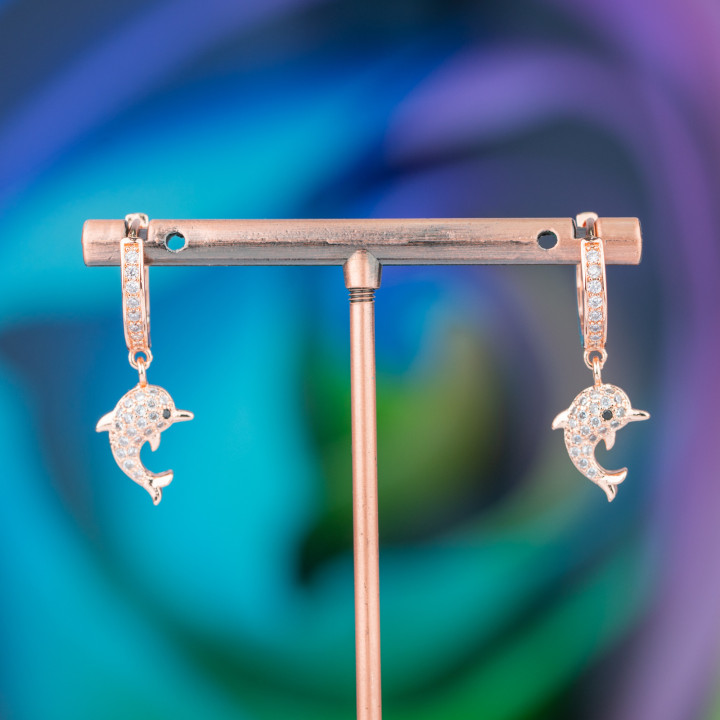 Pendientes Bolitas De Bronce Con Circonitas Y Colgante Fantasía 9x26mm Delfín Oro Blanco Rosa