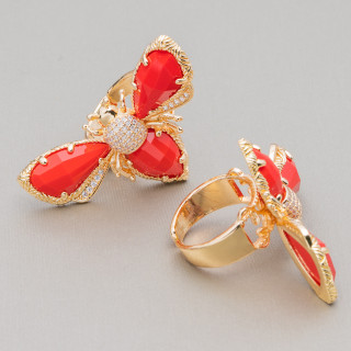 Anillo De Bronce Con Ojo De Gato Y Abeja 31x45mm Talla Ajustable Rojo Dorado