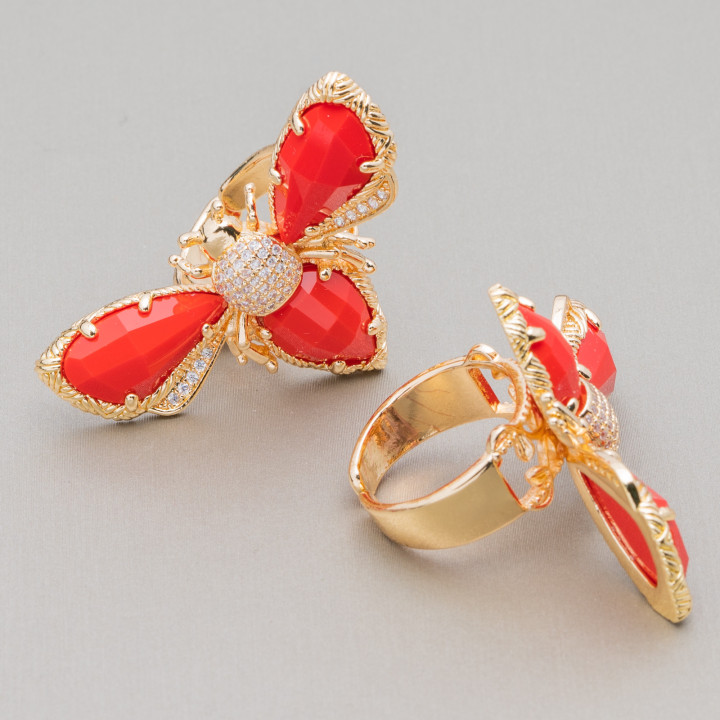 Anello Regolabile in Bronzo Dorato Collezione NATURE con Occhio Di Gatto Ad Ape 31x45mm   Rosso | Gioiello Artigianale Donna