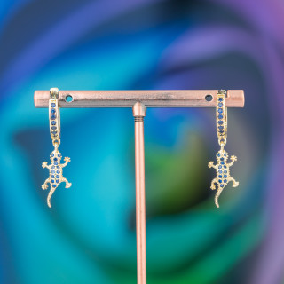 Boucles D'oreilles Tiges Bronze Avec Zircons Et Pendentif Fantaisie 9x26mm Gecko Doré Bleu