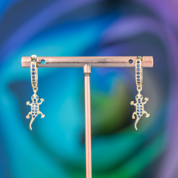 Boucles D'oreilles Tiges Bronze Avec Zircons Et Pendentif Fantaisie 9x26mm Gecko Doré Bleu