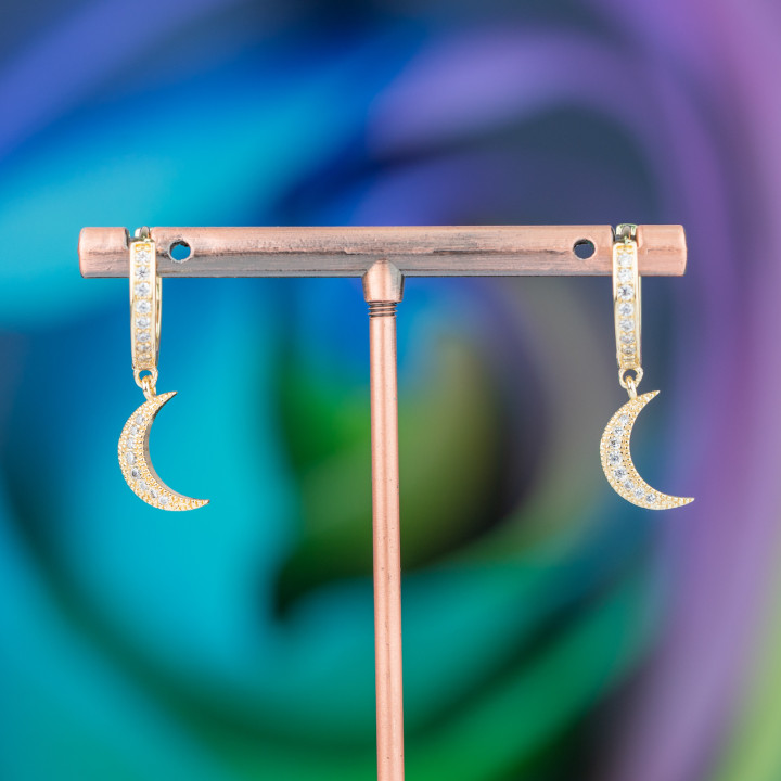 Μπρούτζινα καρφωτά σκουλαρίκια με Ζιργκόν και κρεμαστό κόσμημα Fantasy 9x26mm Moon White Golden