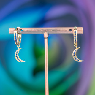 Pendientes Bolitas De Bronce Con Circonitas Y Colgante Fantasía 9x26mm Luna Azul Dorado