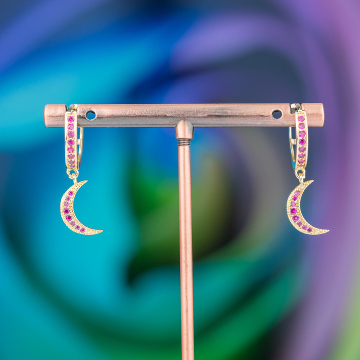 Μπρούτζινα καρφωτά σκουλαρίκια με ζιργκόν και μενταγιόν Fantasy 9x26mm Moon Pink Golden