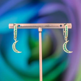 Orecchini Perno Di Bronzo Con Zirconi E Pendente Fantasia 9x26mm Luna Dorato Verde