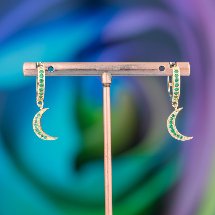 Pendientes Bolitas De Bronce Con Circonitas Y Colgante Fantasía Luna Dorada Verde 9x26mm