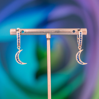 Μπρούτζινα καρφωτά σκουλαρίκια με ζιργκόν και μενταγιόν Fantasy 9x26mm Moon Rose Gold Blue