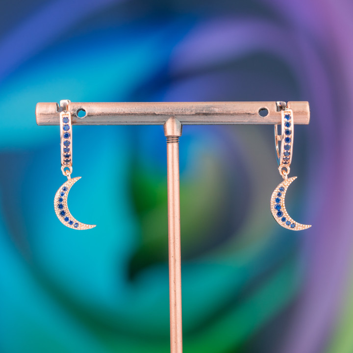 Pendientes Bolitas De Bronce Con Circonitas Y Colgante Fantasía 9x26mm Luna Oro Rosa Azul