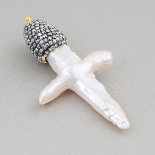 Cross River Pearl Pendant with Marcasite Rhinestone Cup 30-60mm 2pcs