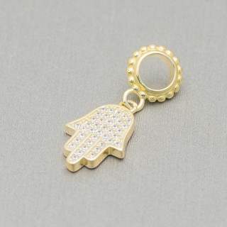 Charms Pendants Of 925 Silver Large Hole With Zircons Hand Of Fatima 4pcs Golden