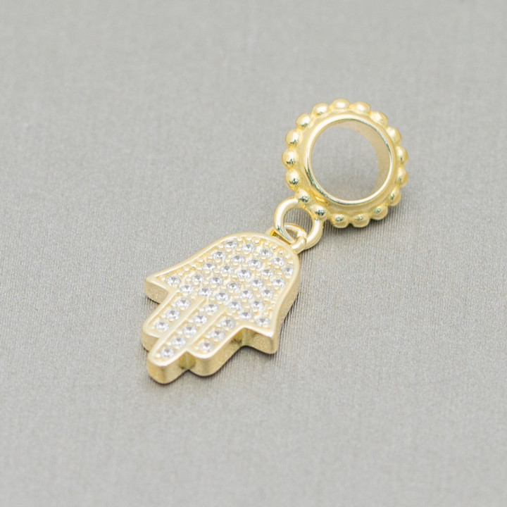 Pendenti Charms Di Argento 925 Foro Largo Con Zirconi Mano Di Fatima 4pz Dorato