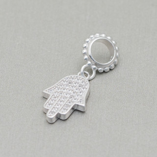 Charms Pendants Of 925 Silver Large Hole With Cubic Zirconia Hand Of Fatima 4pcs Rhodium Plated
