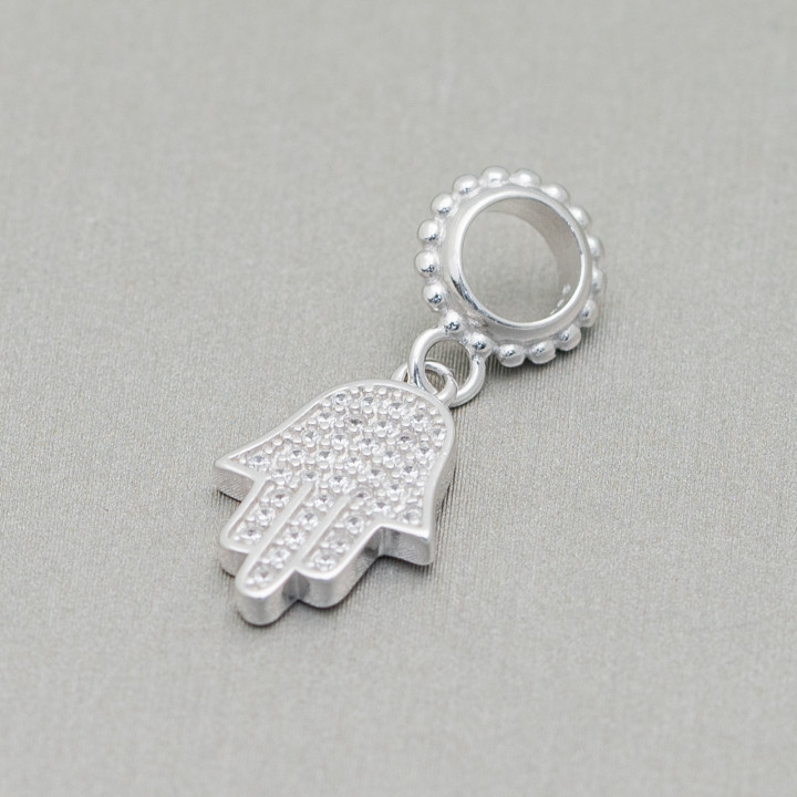 Charms Pendants Of 925 Silver Large Hole With Cubic Zirconia Hand Of Fatima 4pcs Rhodium Plated