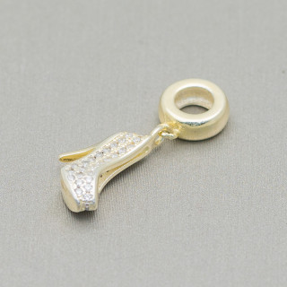 Pendenti Charms Di Argento 925 Foro Largo Con Zirconi Scarpette Di Cenerentola 3pz Dorato