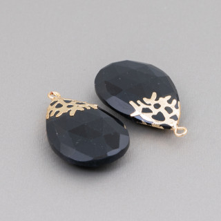 Composant Pendentif Laiton Oeil de Chat Facette 20x30mm 4pcs Noir