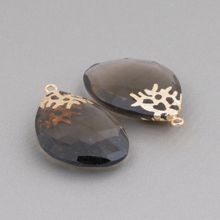 Brass Pendant Component With Faceted Semi-precious Stones 22x32mm 4pcs Smoked