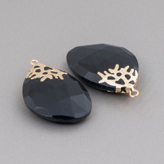 Brass Pendant Component With Faceted Semi-precious Stones 22x32mm 4pcs Black