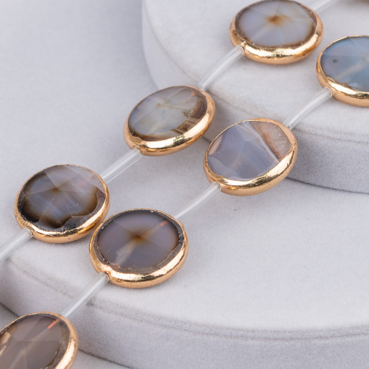 Strand Beads Brown Agate Component Round Flat Faceted Gold Edged 25mm 8pcs
