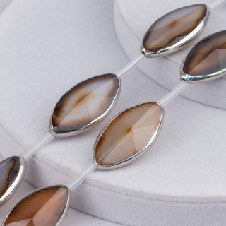Perles sur rang Agate noire composant plat ovale bordé 20x40mm argent 6pcs