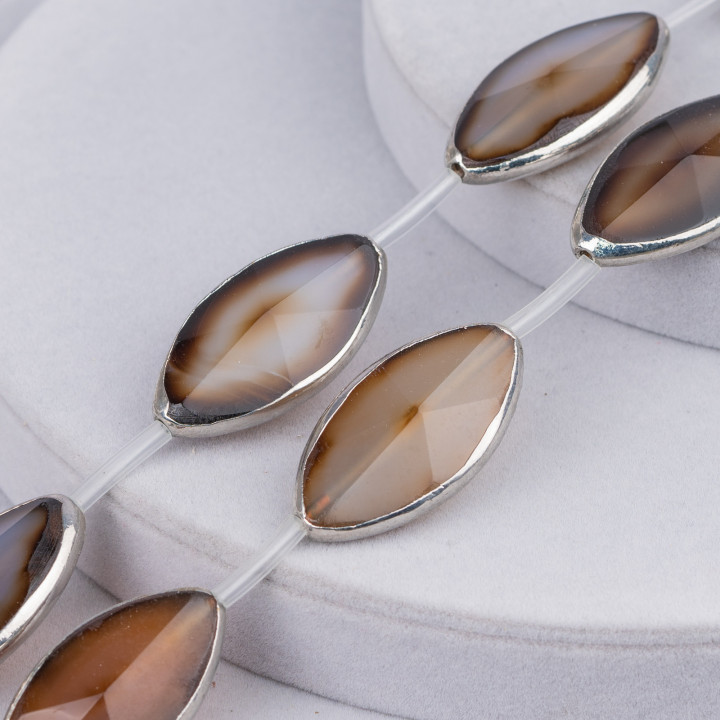 Strand Beads Black Agate Component Oval Flat Edgeed 20x40mm Ασημί 6τμχ