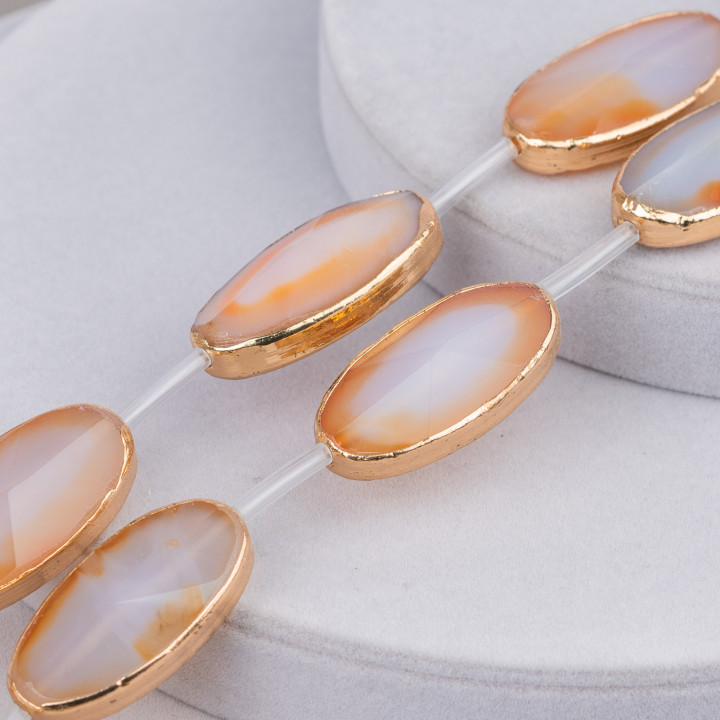 Strandperlen Schwarzer Achat Komponente Flach Oval Randig 20x40mm Golden 6St