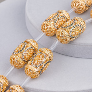 Perline A Filo Componente Di Bronzo Microfuso Traforato Con Marcasite Strass Barilotto 20x38mm 6pz