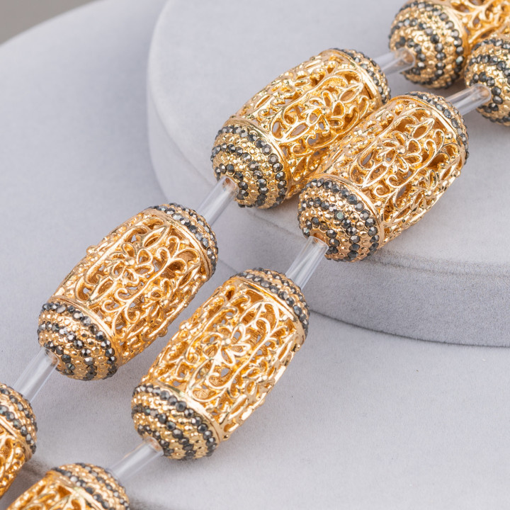 Perline A Filo Componente Di Bronzo Microfuso Traforato Con Marcasite Strass Barilotto 20x40mm 6pz