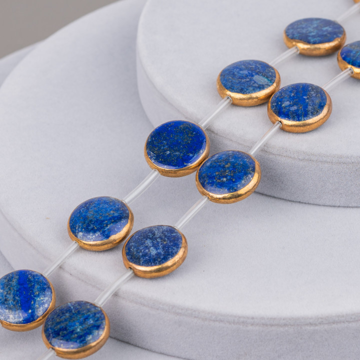 Lapis Lazuli Component Strand Beads Gold Edge Smooth Flat Round 20mm 9pcs