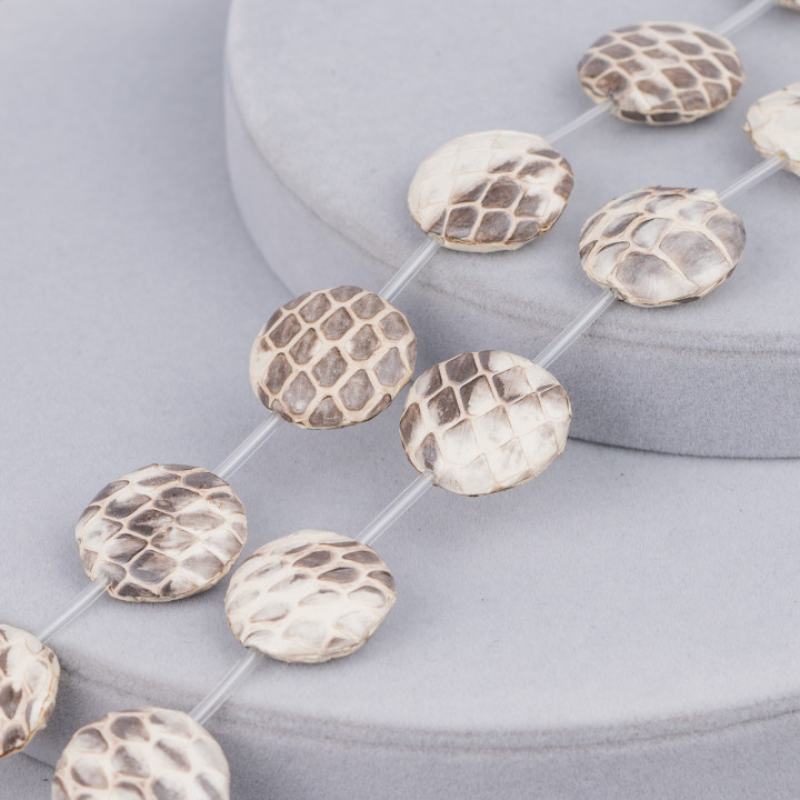 Snake Skin Leather Component Strand Beads Round Flat 20mm 10pcs Cream