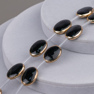 Strand Beads Components of Black Agate Gold Edgeed Flat Oval 15x20mm 10 τμχ