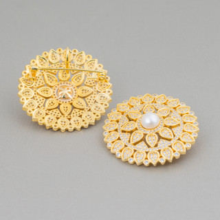 Spilla Di Ottone Con Perle Di Fiume E Zirconi Fantasia Rosone 42mm