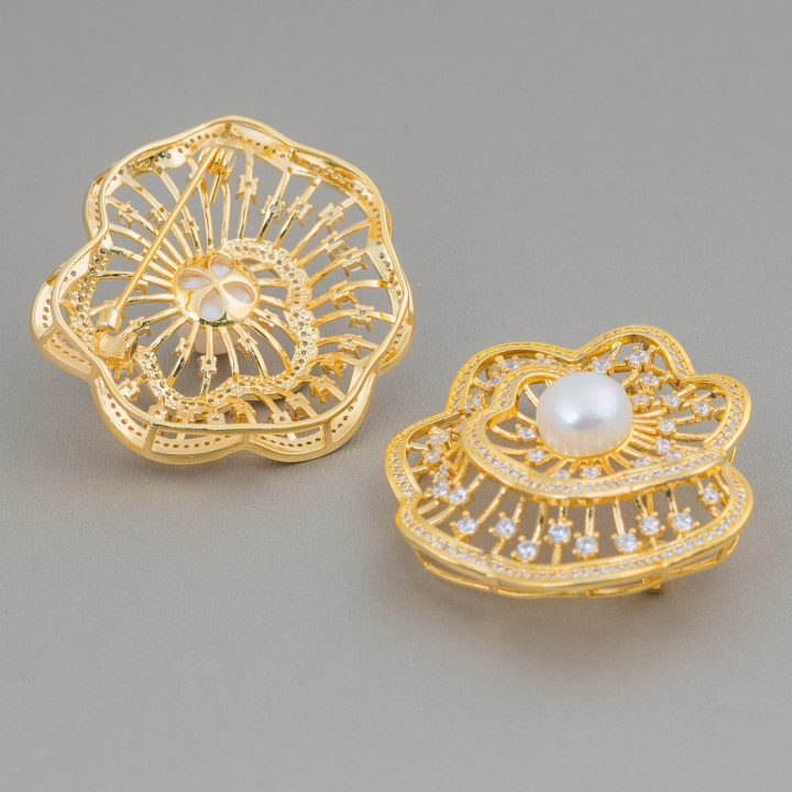 Broche En Laiton Avec Perles De Rivière Et Zircons Fantaisie Spirale 45x50mm