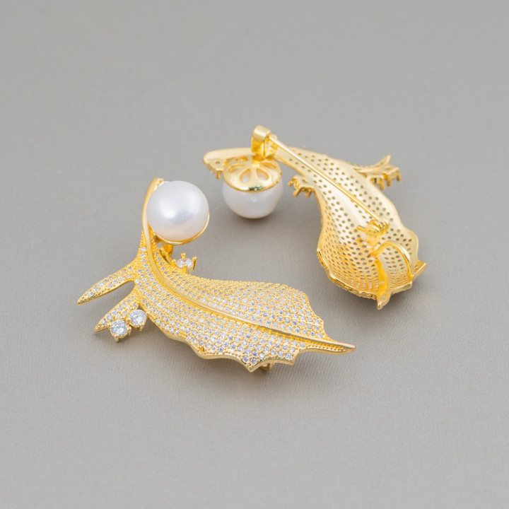 Brass Brooch With Freshwater Pearls And Leaf Zircons 40x50mm