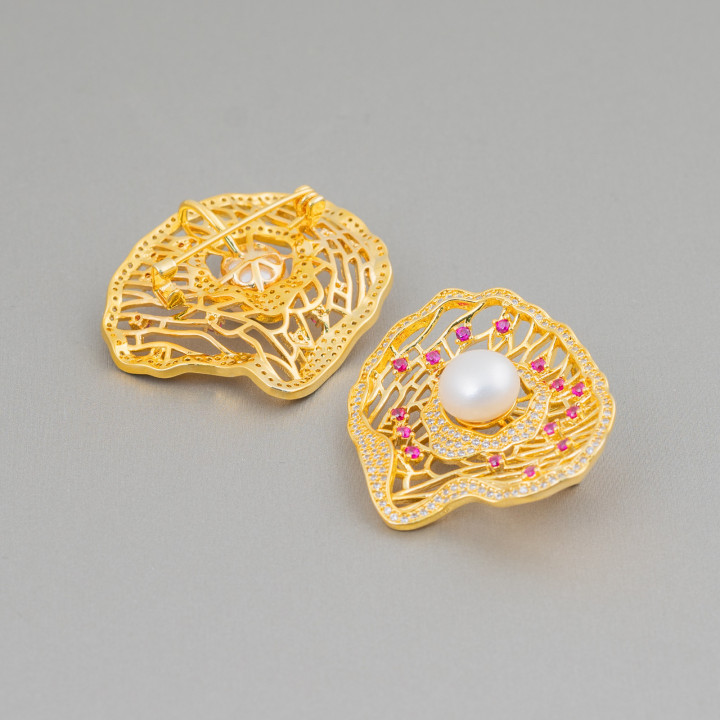 Broche De Latón Con Concha De Circonitas 38x43mm