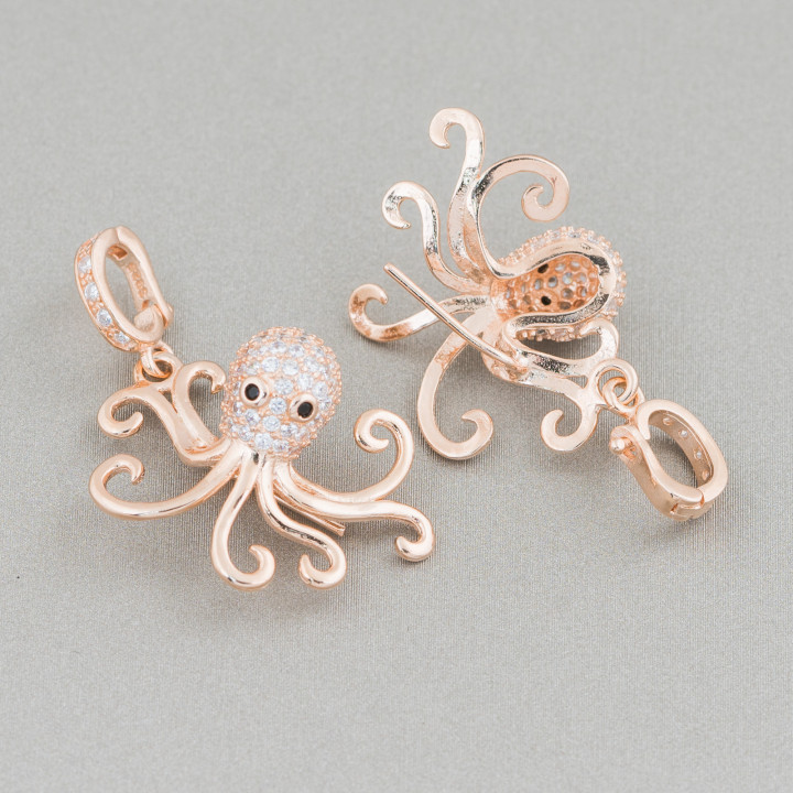 Base Per Pendente Di Argento 925 Con Zirconi Polipo 19x34mm 2pz Oro Rosa