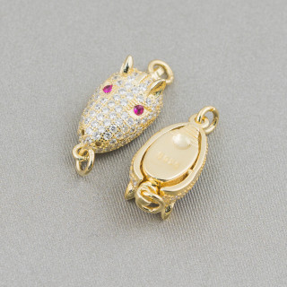 Ασημένιο κούμπωμα 925 με Micropave Zircons Κεφαλή Armadillo 8,5x14mm 4τμχ Χρυσό με κόκκινα μάτια