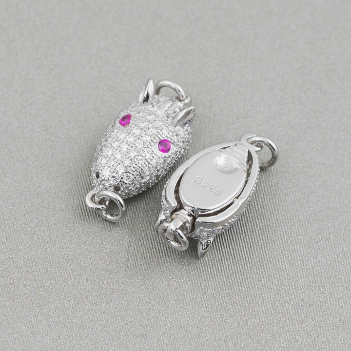 925 Silver Clasp With Micropave Zircons Armadillo Head 8.5x14mm 4pcs Rhodium Plated With Red Eyes