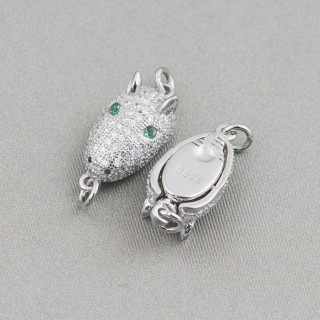 Chiusura Di Argento 925 Con Zirconi Micropave Testa Di Armadillo 8,5x14mm 2pz Rodiato Con Occhi Verde