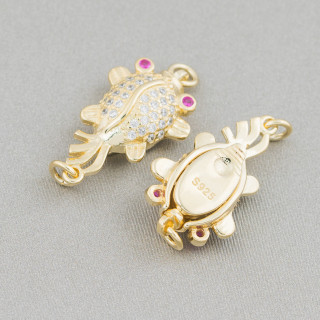 925 Silver Clasp With Zircons Goldfish 13x20mm 3pcs Golden Red Eyes